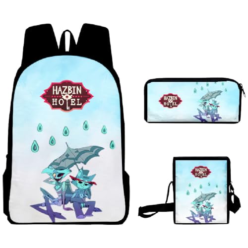 Anjinguang Alastor/Angel Dust Anime Schulrucksack-Hazbin Hoteltasche Student Umhängetasche Set von 3 Mittagessen Tasche Federmäppchen Cartoon Multifunktions Große Büchertasche Rucksack Reise von Anjinguang