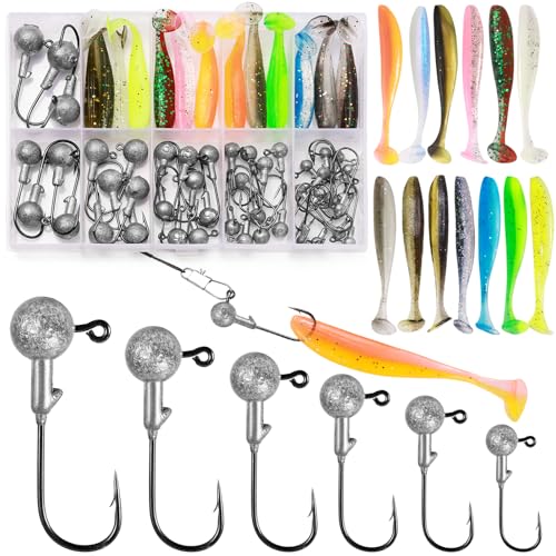 Annyswit 58 Stk / 6 Größen Jigköpfe mit Gummifische 10g / 7g / 5g / 3,5g / 1,8g / 1g Angelhaken mit Rund-Bleikugeln Zweifarbiger realistischer Softbait Köder Angelköder für Süßwasser Salzwasser Barsch Annyswit 58 Stk / 6 Größen Jigköpfe mit Gummifische 10g / 7g / 5g / 3,5g / 1,8g / 1g Angelhaken mit Rund-Bleikugeln Zweifarbiger realistischer Softbait Köder Angelköder für Süßwasser Salzwasser Barsch von Annyswit