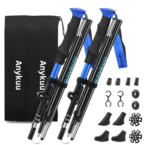 Anykuu Wanderstöcke Faltbar 2PCS Walking Stöcke Aluminium Hiking Poles Verstellbar 110-130cm Ultraleichte Trekkingstöcke mit 6 Paar Zubehör für All Terrain Walking Poles zum Wandern Skifahren von Anykuu