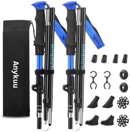 Anykuu Wanderstöcke Faltbar 2PCS Walking Stöcke Verstellbar 110-130cm Ultraleichte Trekkingstöcke mit 6 Paar Zubehör Hiking Poles Aluminium für All Terrain Walking Poles zum Wandern Skifahren von Anykuu