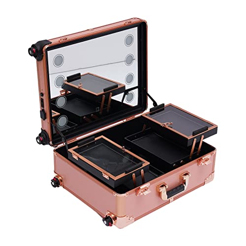 Kosmetikkoffer, Trolley Schminkkoffer, Schminktisch mit 4 Rollen & Beleuchtung & Spiegel, Make Up Koffer Kosmetik, Friseurkoffer, Profi-Schminkstation, verstellbare Beine, Rose Gold Kosmetikkoffer, Trolley Schminkkoffer, Schminktisch mit 4 Rollen & Beleuchtung & Spiegel, Make Up Koffer Kosmetik, Friseurkoffer, Profi-Schminkstation, verstellbare Beine, Rose Gold von Aohuada