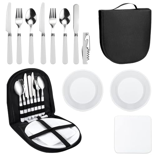 Aoreun Camping Geschirr Set 2 Personen, 11 Stück Tragbar Camping Besteck Set mit Gabeln Löffel Messer Flaschenöffner, Edelstahl Outdoor Geschirr Set für Outdoor, Camping, Picknick, Grillen - Schwarz von Aoreun