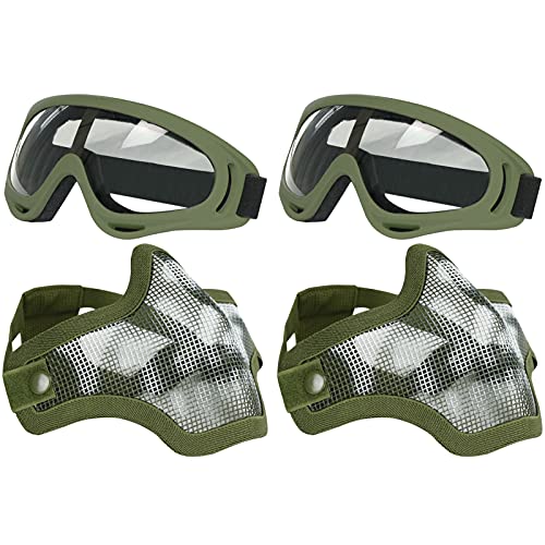 AOUTACC Airsoft Maske und Brille Set, Half Face Full Steel Mesh Maske und Brille für CS/Jagd/Paintball/Schießen (2 Pack OD Skull) von Aoutacc