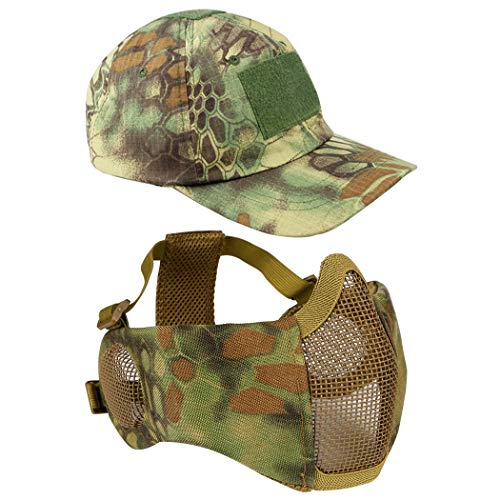 AOUTACC Airsoft Mesh Maske mit Ohrenschutz und verstellbarer Baseballkappe Set für CS/Jagd/Paintball/Schießen (MA) von Aoutacc