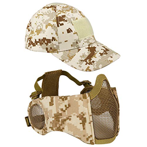 Airsoft Mesh Maske mit Ohrenschutz und verstellbarem Baseball Cap Set für CS/Jagd/Paintball/Schießen (DD) von Aoutacc