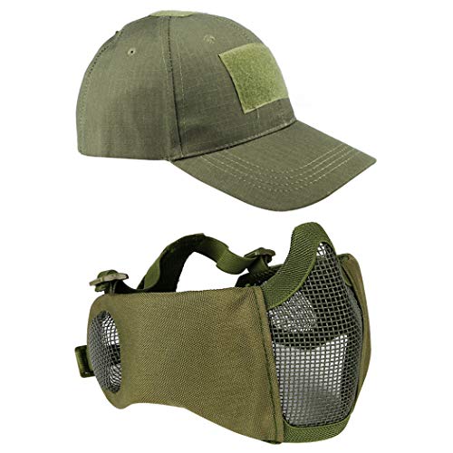 AOUTACC Airsoft Netzmaske mit Ohrenschutz und verstellbarem Baseballkappen-Set für CS/Jagd/Paintball/Schießen (OD) von Aoutacc