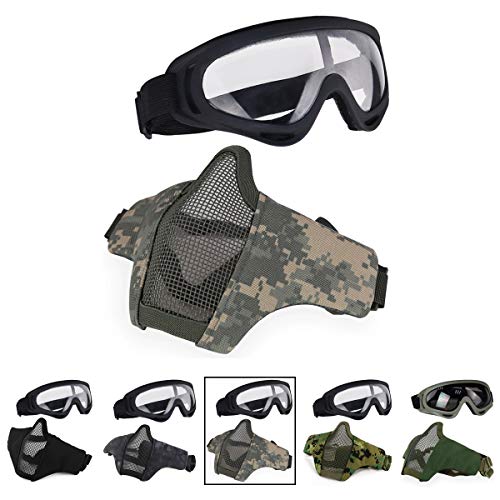 Aoutacc Airsoft Half Face Mesh Maske und Brille Set für CS/Jagd/Paintball/Schießen (ACU) von Aoutacc