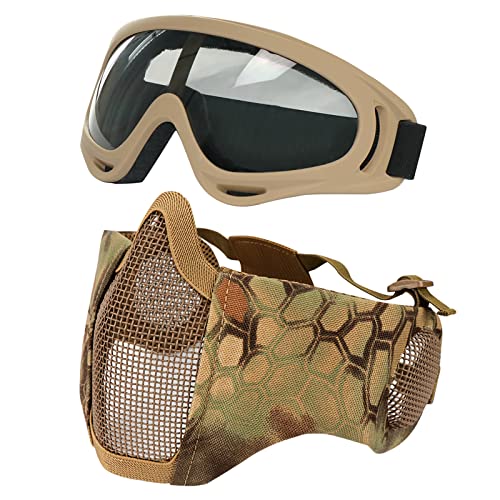 Aoutacc Airsoft Schutzausrüstung, Set mit Halbgesichtsmasken mit Ohrenschutz und Brille für CS/Jagd/Paintball/Shooting, MA von Aoutacc