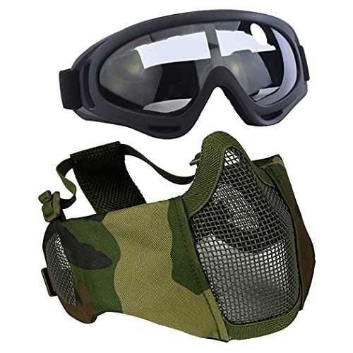 Aoutacc Airsoft Schutzausrüstung, Set mit Halbgesichtsmasken mit Ohrenschutz und Brille für CS/Jagd/Paintball/Shooting, Camouflage von Aoutacc