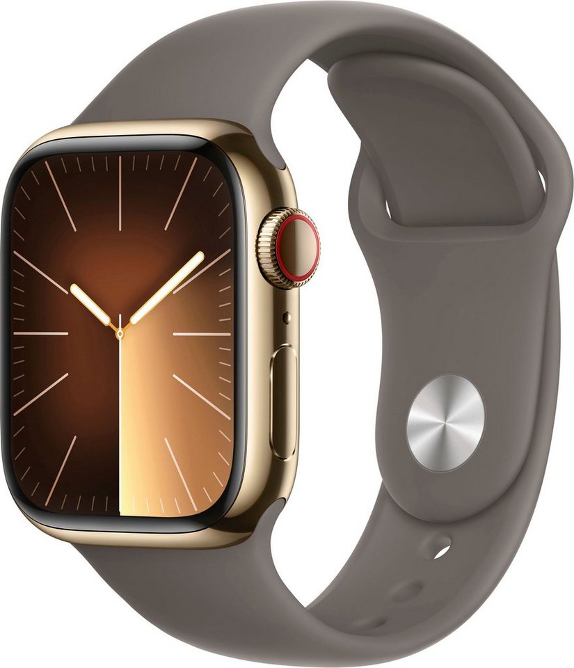 Apple Watch Series 9 GPS + Cellular 41mm Edelstahl M/L Smartwatch (4,1 cm/1,61 Zoll, Watch OS 10), Sport Band von Apple