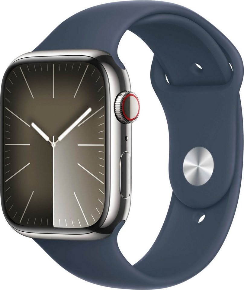 Apple Watch Series 9 GPS + Cellular Stainless Steel 45mm M/L Smartwatch (4,5 cm/1,77 Zoll, Watch OS 10), Sport Band von Apple