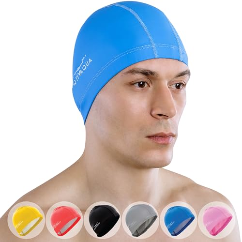 AqtivAqua Badekappe Damen Herren Mädchen Jungen Kinder Spandex Stoff Schwimmkappe Badekappen Schwimmhaube (Blaue Farbe) von AqtivAqua