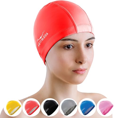 AqtivAqua Badekappe Damen Herren Mädchen Jungen Kinder Spandex Stoff Schwimmkappe Badekappen Schwimmhaube (Farbe Rote, Erwachsenengröße) von AqtivAqua