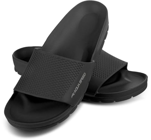 Aqua Speed - Badelatschen Oslo + kl. Fasertuch | Damen und Herren | Duschsandalen | Badeschlappen, Farbe:Schwarz 07, Größe:43 von Aqua Speed