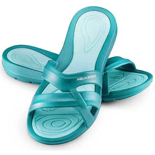 Aqua Speed Duschlaschen Damen + Mikrofaserhandtuch | Duschsandalen | Badeschlappen | Badeslipper leicht | Saunaschuhe | Petrol Gr. 39 | Panama von Aqua Speed