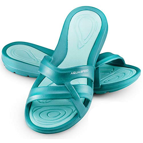 Aqua Speed Set Bade Latschen Damen + Mikrofasertuch | Duschsandalen | Bade & Duschschuhe | Sauna Badeschlappen | Pool Slide | Petrol Gr. 37 | Panama von Aqua Speed