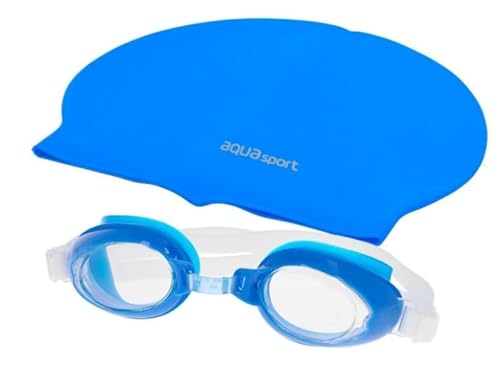 AquaSport Kinder-Badekappe und Schwimmbrille aus Kunststoff, Blau, 12 Stück AquaSport Kinder-Badekappe und Schwimmbrille aus Kunststoff, Blau, 12 Stück von AquaSport