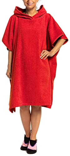 Aquarti Damen Herren Badeponcho Frottee Kapuzenhandtuch Umziehhilfe Surf Poncho mit Kapuze, Farbe: Rot, Größe: L/XL von Aquarti