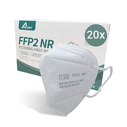 Arcom 20 Stück FFP2 Atemschutzmaske, CE 2163 PPE 892 zertifiziert, 5-lagig, EN149:2001+A1:2009, Mund-Nasen-Schutz, Partikelfiltermaske, Versand aus Deutschland von ARCOM