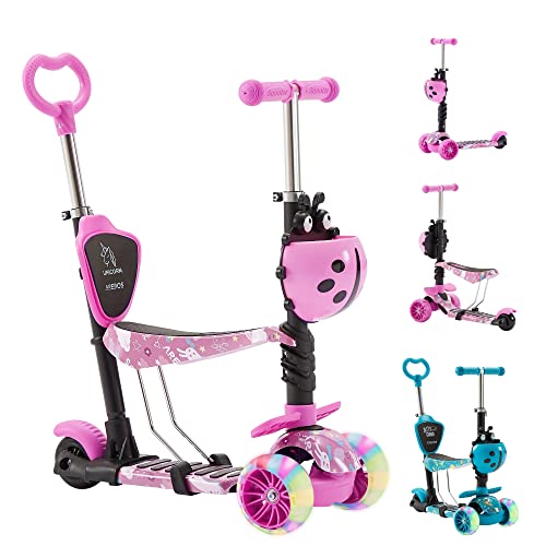 Arebos Cityroller Tretroller Pink Scooter höhenverstellbarer Lenker und Sitz | LED-XXL Räder | Tritt-Bremse | für Kinder | bis 50 kg belastbarer Roller | Kickroller | Kickscooter von Arebos