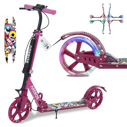 Arebos Cityroller Tretroller Pink höhenverstellbar | klappbar | inkl. Tragegurt | LED Räder | Hand-Tritt-Bremse | Front-Heckfederung | Kinder & Erwachsene | 100kg belastbar | Kickroller | Kickscooter von Arebos