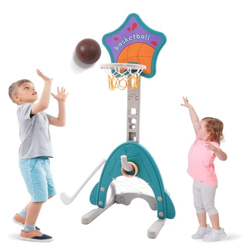 Kinder-Basketballkorb-Set, 3-in-1 höhenverstellbarer Basketballständer mit Fußballtor und Ringwurf, Outdoor-Indoor-Sportaktivitätszentrum für Jungen und Mädchen von Ark miido