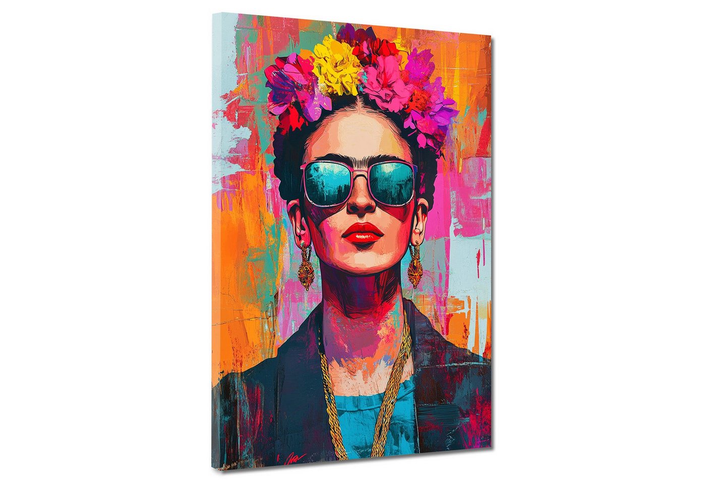 Artedinoi Leinwandbild Frida Portrait Pop Art mit Sonnenbrille und Kranz Leinwandbild Wandbil von Artedinoi