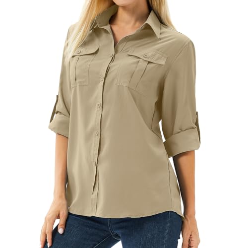 Asfixiado Damen Hemd UPF 50+ UV Schutz Langarmshirt Damen Outdoor Wanderbluse Safari Kleidung Damen Atmungsaktiv Outdoor Cool Quick Dry Sport Oberteile（5070 Khaki M） von Asfixiado