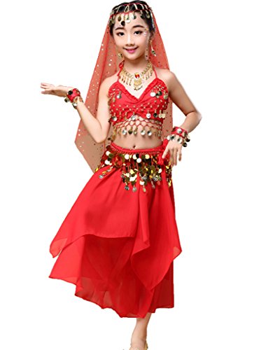 Astage Mädchen Kleid Kinder Bauchtanz Halloween Karneval Kostüm-SätzeRotXS von Astage
