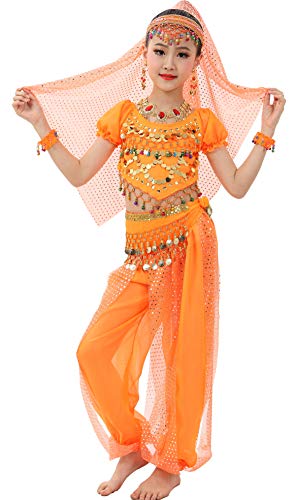 Astage Mädchen Short Sleeve Bauchtanz Kostüm Set Alle Ornamente Orange M von Astage