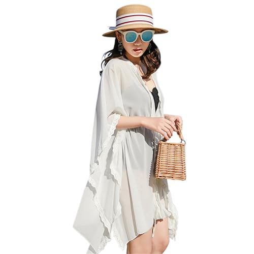 Asukohu Strand-Kimono für Damen, vorne offen, Strand-Cardigans, Badeanzug, weißes Oberteil von Asukohu