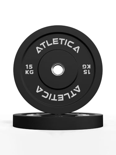 Atletica Bumper Plates | Paar | geräusch- und stoßdämpfende Vollgummi-Ummantelung | Härtetyp 90 | Paarweise verkauft | Ø 50 mm Edelstahlring Größe 2 x 15kg von Atletica