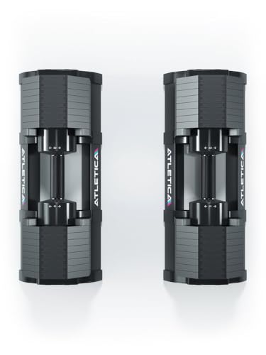 ATLETICA SWITCH | Verstellbare Hanteln Paar | Max. 32kg je Hantel | Gewichtseinstellung durch Klick- & Dreh-Mechanismus | Mit 2 Aufbewahrungsschalen von Atletica