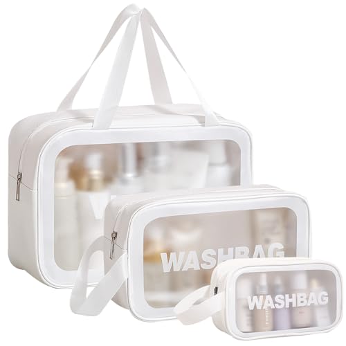 3 Stück Kosmetiktasche Set, Transparent Kulturtasche Damen, Wasserdicht Kulturbeutel Damen, Make Up Bag, Waschtasche (Groß, Mittel Und Klein) Kosmetikkoffer von Atliberswo