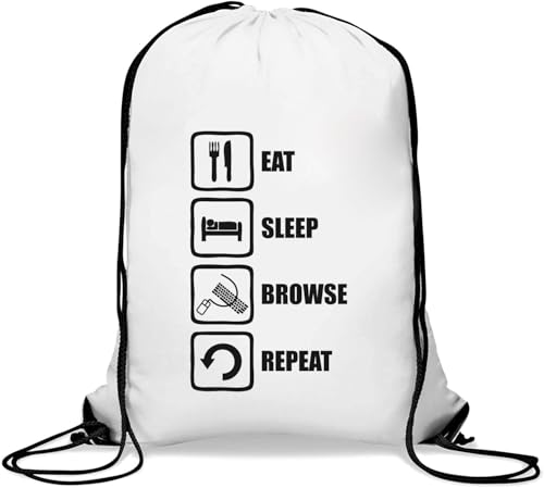 Eat Sleep Browse Repeat Slogan Gym Sack Casual Drawstring Bag White, weiß, Einheitsgröße von Atspauda