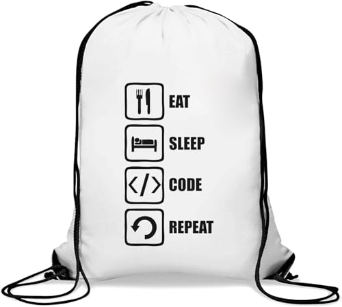 Eat Sleep Code Repeat Slogan Gym Sack Casual Drawstring Bag White, weiß, Einheitsgröße von Atspauda