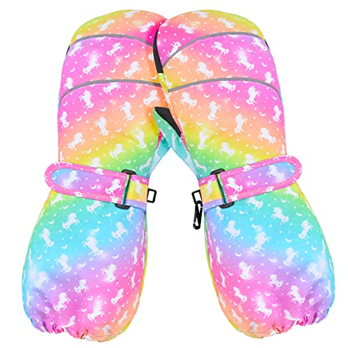 AuSletie Kinder Winter Fäustlinge Wasserdicht Schnee Ski Handschuhe für Mädchen Warm Sherpa Gefüttert Lange Manschette Snowboard Handschuhe, Regenbogen-Einhorn, Medium AuSletie Kinder Winter Fäustlinge Wasserdicht Schnee Ski Handschuhe für Mädchen Warm Sherpa Gefüttert Lange Manschette Snowboard Handschuhe, Regenbogen-Einhorn, Medium von AuSletie