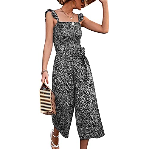 Ausla Damen Rückenfrei Elastische Jumpsuit Sommer Ärmellos Rüschen Seitlicher Reißverschluss 2 Taschen Hohe Taille Blumen Playsuit Casual Overall Romper Lose Hosenbeine mit Gürtel(m-Schwarz) von Ausla