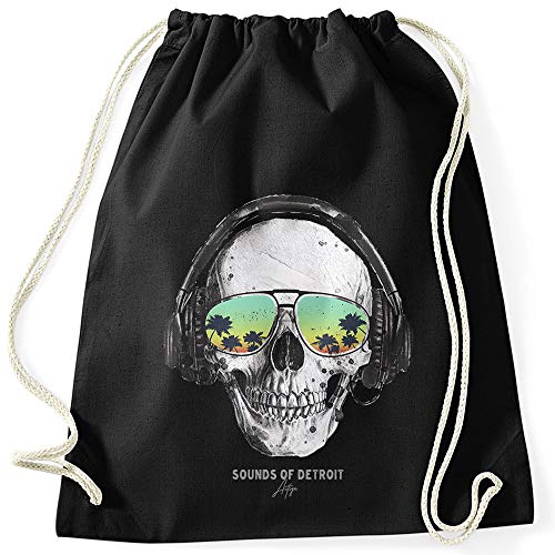 Autiga® Turnbeutel Totenkopf Skull Sonnenbrille Schädel Sounds of Detroit Music Hipster Beutel Tasche Gymsac schwarz Unisize von Autiga