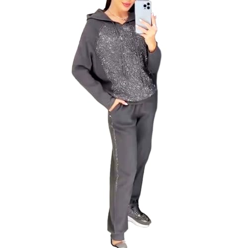 2-teiliges Set Aus Glitzer-Sweatshirt Und Freizeithose Für Damen, 2-teiliges Set Aus Kapuzensweatshirt Und Jogginghose Mit Bündchen Für Damen, Herbst-Sets Mit Kapuzenpullover Und Hose (Dunkelgrau,2XL) von Avanise