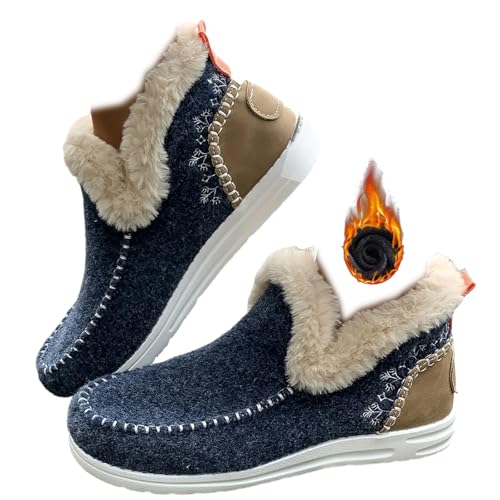 Avanise Damenstiefel Und Stiefeletten,Flache,Flauschige Stiefeletten,Runde Spitze,Slipper Mit Besticktem Patchwork,Kurze Stiefelette,mit Fleece Gefütterter,Rutschfester Schneestiefel (Marineblau,38) von Avanise