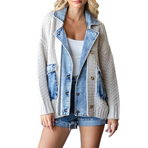 Avanise Dearlassie Denim-Cardigan, Dearlassie-Cardigan Mit Denim Für Damen, Denim-Cardigan Mit Taschen, Denim-Cardigan Für Damen Dearlassie (Weiß,L) von Avanise