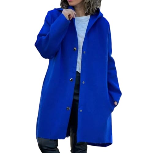 Avanise Einreihige Kapuzenjacke Für Damen, Lässige Einreihige Kapuzenjacke, 2024 PEA Coat Einreihige Lange Mäntel, Übergroße Button-Down-Kapuzenjacke (Blau,XL) von Avanise