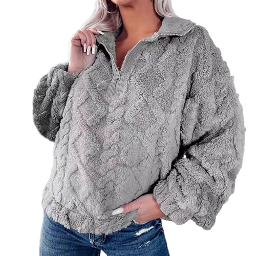 Avanise Modischer Plüsch-Pullovermantel Für Damen Mit Teilweisem Reißverschluss, Pullover-Sweatshirt Mit Halbem Reißverschluss, Flauschige Sherpa-Jacke, Lässige Warme Sherpa-Oberbekleidung (Grau,S) von Avanise