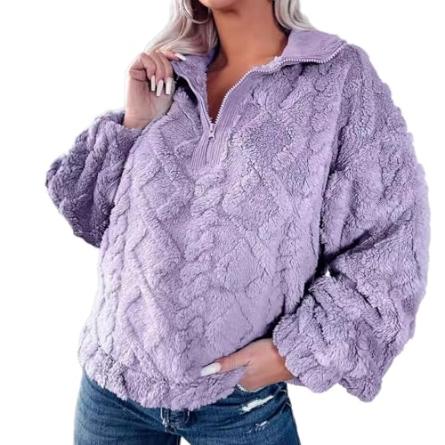 Avanise Modischer Plüsch-Pullovermantel Für Damen Mit Teilweisem Reißverschluss, Pullover-Sweatshirt Mit Halbem Reißverschluss, Flauschige Sherpa-Jacke, Lässige Warme Sherpa-Oberbekleidung (Lila,2XL) von Avanise