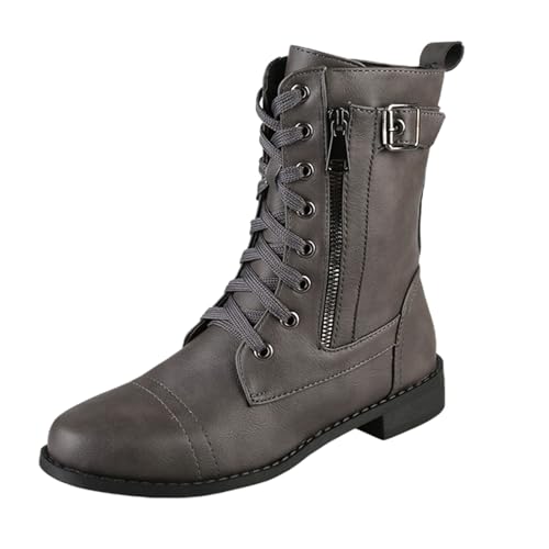 Avanise Orthopädische Lederstiefel Für Damen Mit Runder Zehenpartie Und Seitlichem Reißverschluss, Bikerstiefel Für Damen, Stiefel Mit Schnallen An Der Wade (grau,41/255mm) von Avanise