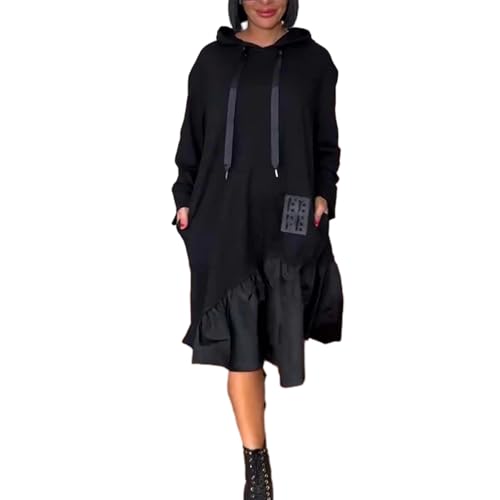 Avanise Stilvolles, Locker Sitzendes Kleid Mit Kapuze Und Rüschensaum Für Damen, Langärmliges, Leichtes Sweatshirt Mit Kordelzug, Pullover-Oberteil Mit Rüschen Und Plissiertem Saum (Schwarz,2XL) von Avanise