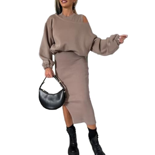 Damen-Set Mit Sweatshirt Mit Schrägen Schultern Und ärmellosem Kleid, Schulterfreiem Tanktop-Kleid Für Damen,asymmetrischen Oberteilen Mit Schlitz Am Saum Und Figurbetonten Midi-Rock-Sets (Khaki,S) Damen-Set Mit Sweatshirt Mit Schrägen Schultern Und ärmellosem Kleid, Schulterfreiem Tanktop-Kleid Für Damen,asymmetrischen Oberteilen Mit Schlitz Am Saum Und Figurbetonten Midi-Rock-Sets (Khaki,S) von Avanise
