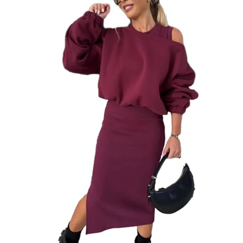 Damen-Set Mit Sweatshirt Mit Schrägen Schultern Und ärmellosem Kleid, Schulterfreiem Tanktop-Kleid Für Damen,asymmetrischen Oberteilen Mit Schlitz Am Saum Und Figurbetonten Midi-Rock-Sets (Weinrot,XL) Damen-Set Mit Sweatshirt Mit Schrägen Schultern Und ärmellosem Kleid, Schulterfreiem Tanktop-Kleid Für Damen,asymmetrischen Oberteilen Mit Schlitz Am Saum Und Figurbetonten Midi-Rock-Sets (Weinrot,XL) von Avanise