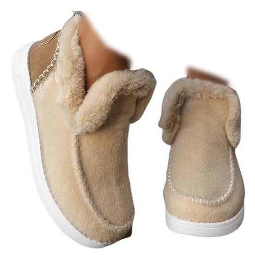 Flache Sneaker Mit Runder Spitze, Flache, Flauschige Winterstiefel Für Damen, Flache Winterschuhe Mit Plüschfutter Für Damen, Weiche Slip-On-Sneaker Aus Plüsch Für Gemütliche Füße (Khaki,39/245mm) von Avanise